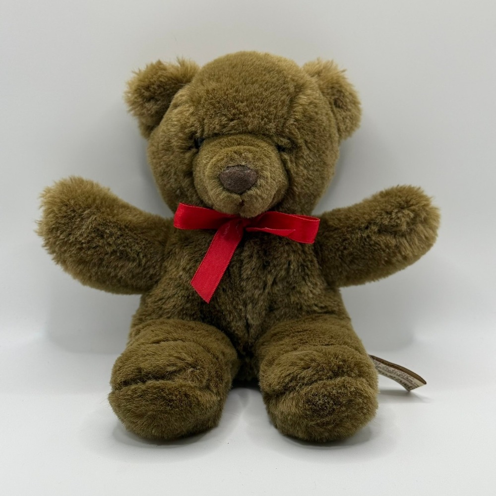 Vintage 1985 Ganzbros Heritage Collection Brown Plush Teddy Bear Red Ribbon 8.5"